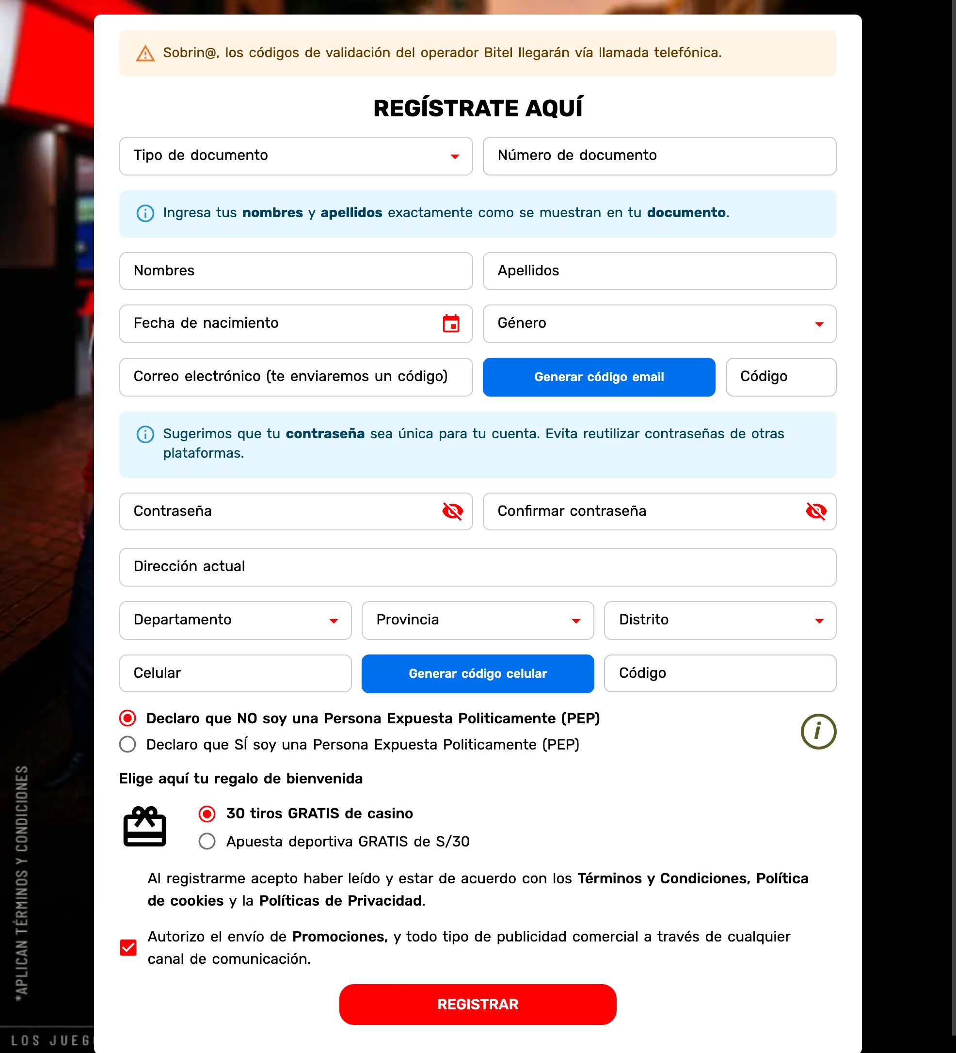 Formulario de registro de Apuesta Total Perú